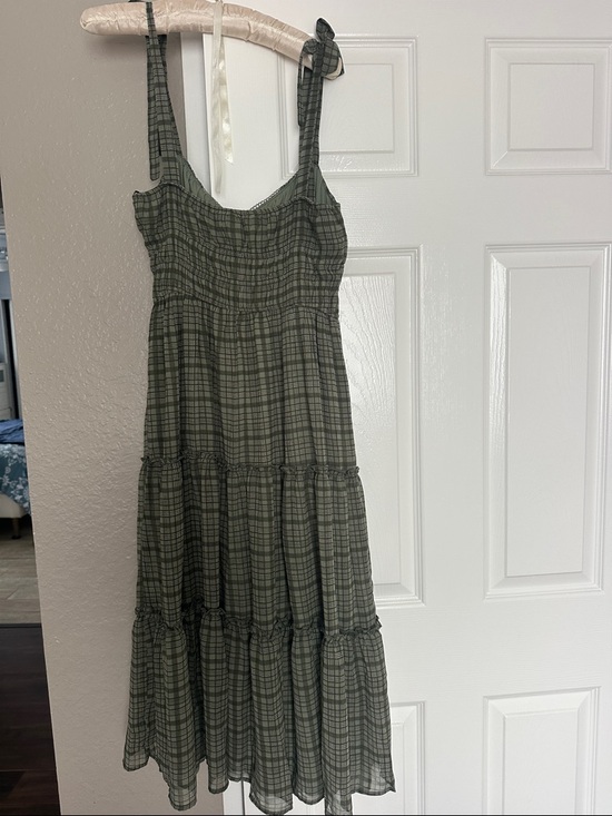Olive Green Plaid Tie-Shoulder Smocked Midi Dress - Picture 3 of 5